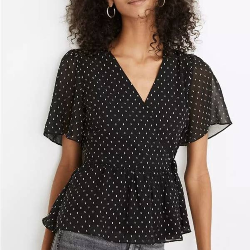 Madewell Flutter-Sleeve Peplum Wrap Top in Clipdot